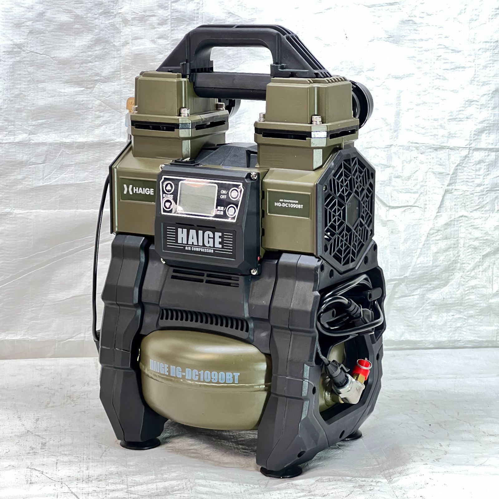 【展示品】 エアーコンプレッサー 100V 5L アルミタンク オイルレス AC電源/バッテリー充電式ハイブリッド 静音 小型 軽量 業務用 HG-DC1090BT 【1717】