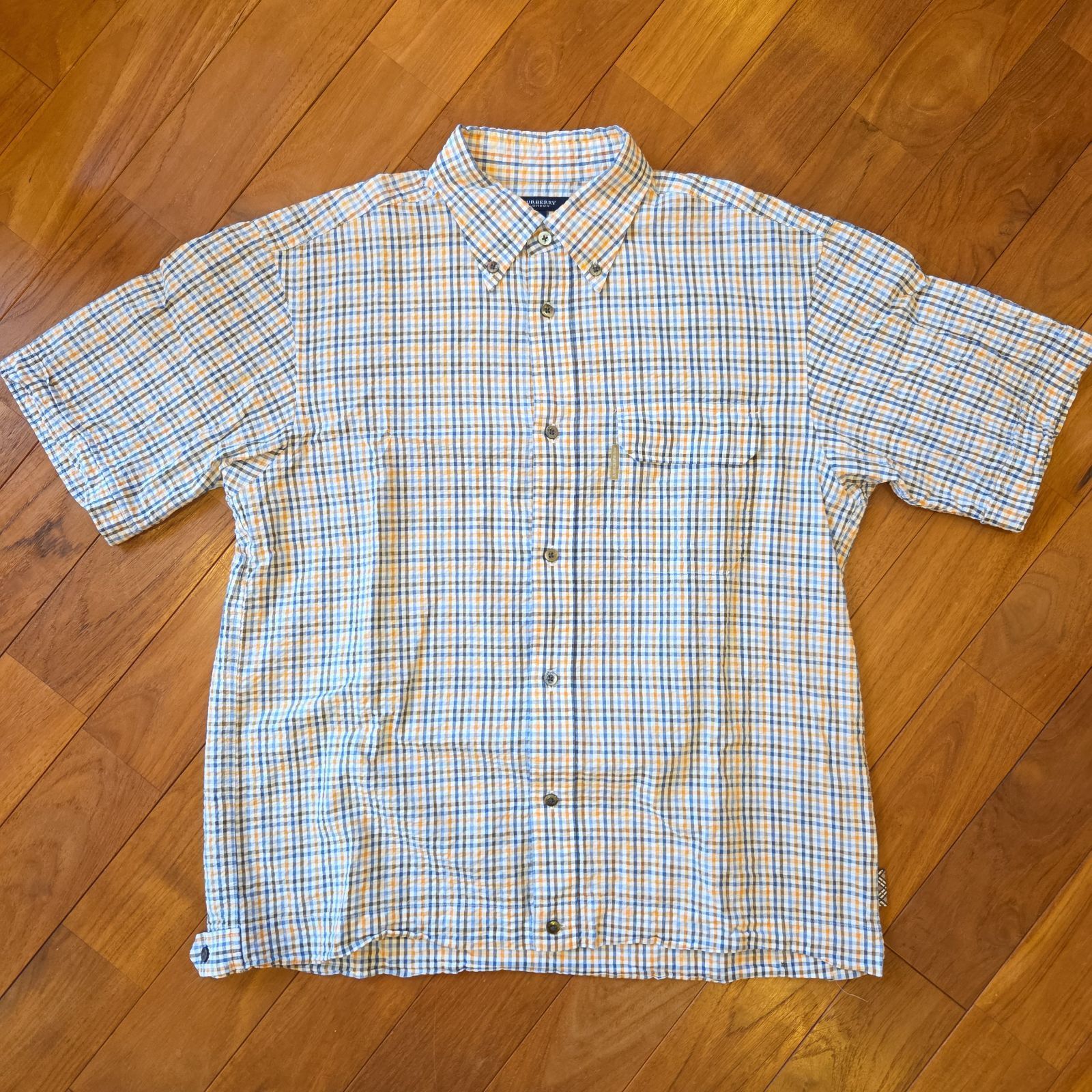 BURBERRY LONDON 半袖チェックシャツ／ Lサイズ 裾デザイン ボタンダウン メンズ イエロー ブルー