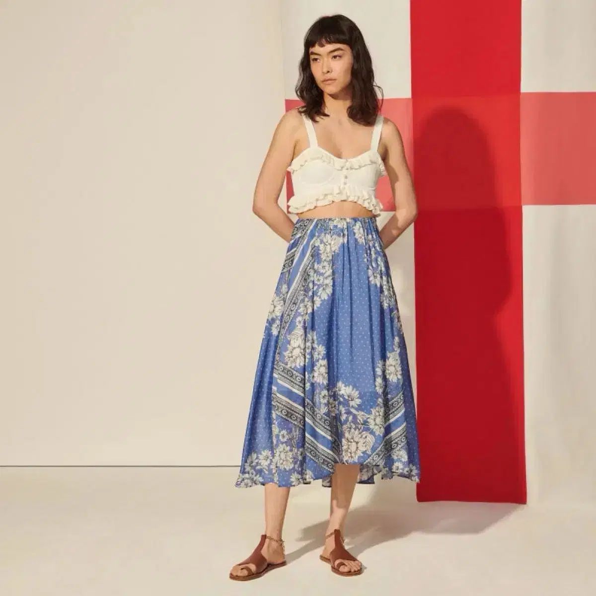 SANDRO フラワー パータン ブルー ロング スカート