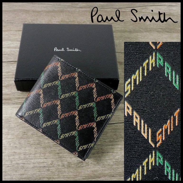 新品 Paul Smith ポールスミス 財布 イタリー製 ジオメトリックロゴ 黒 牛革製 箱付き メンズ 16,125円