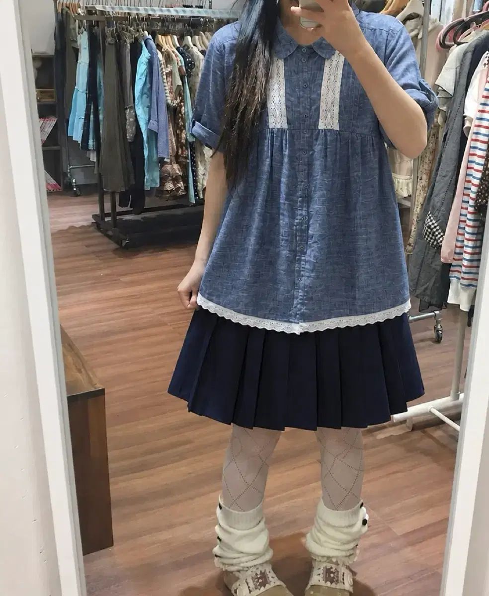 森ガールはぐみ レース シャツ プリーツ スカート ネイビー コーデ セット