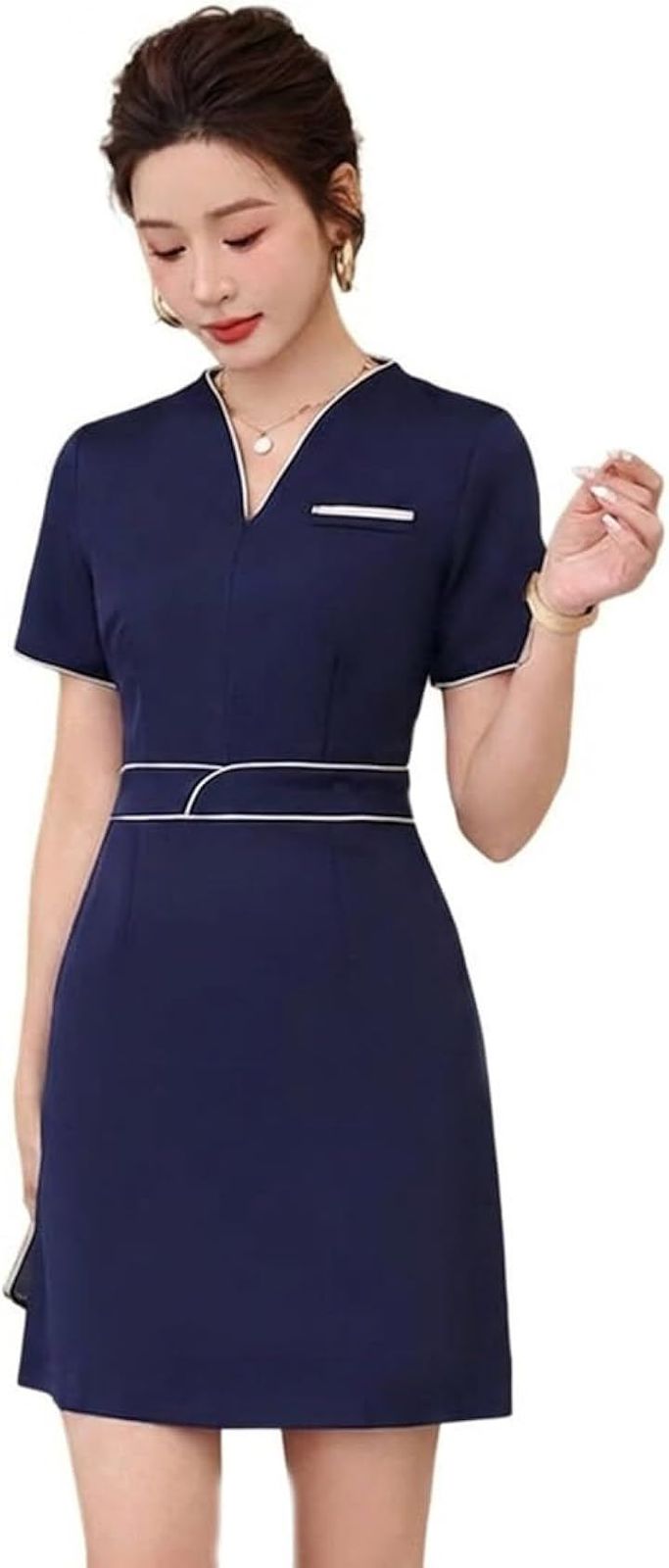 CedarEight(シダーエイト) エステ ユニフォーム ワンピース 半袖 Vネック 受付 制服 サロン クリニック ウェア 美容 歯科 スパ パイピング 上品 ナース服 スリム レディース (ネイビー, M)