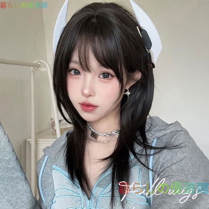 大人気 ウィッグレディース フルウィッグ ミディアム ブラック 黒 ぱっつん前髪ストレート 前髪あり かわいい 大人用 コスプレ ブラックjf650