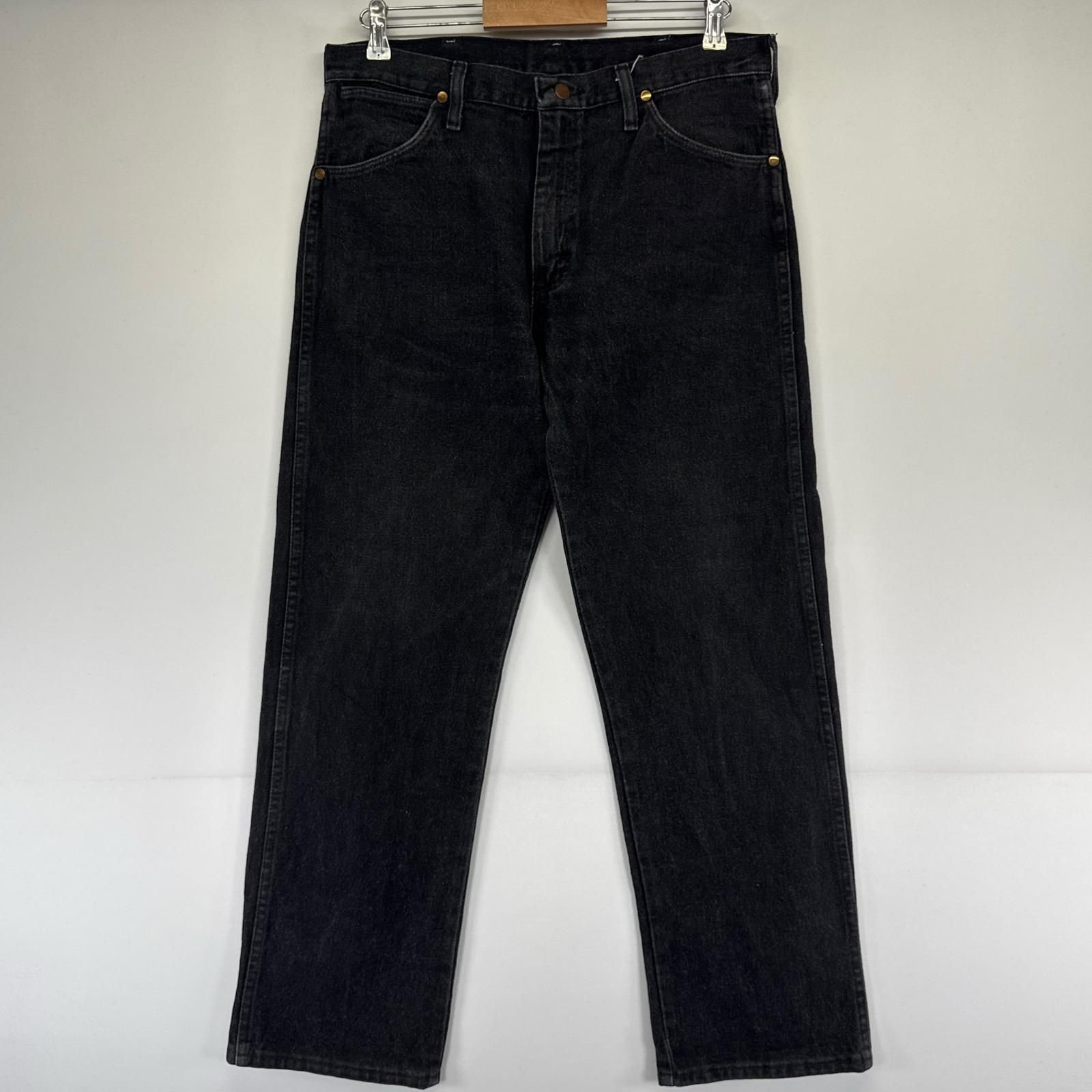 古着 90's/90年代 ラングラー Wrangler USA製 デニム パンツ ストレート 5ポケット レザーパッチ w34×L30 ブラック系 メンズ