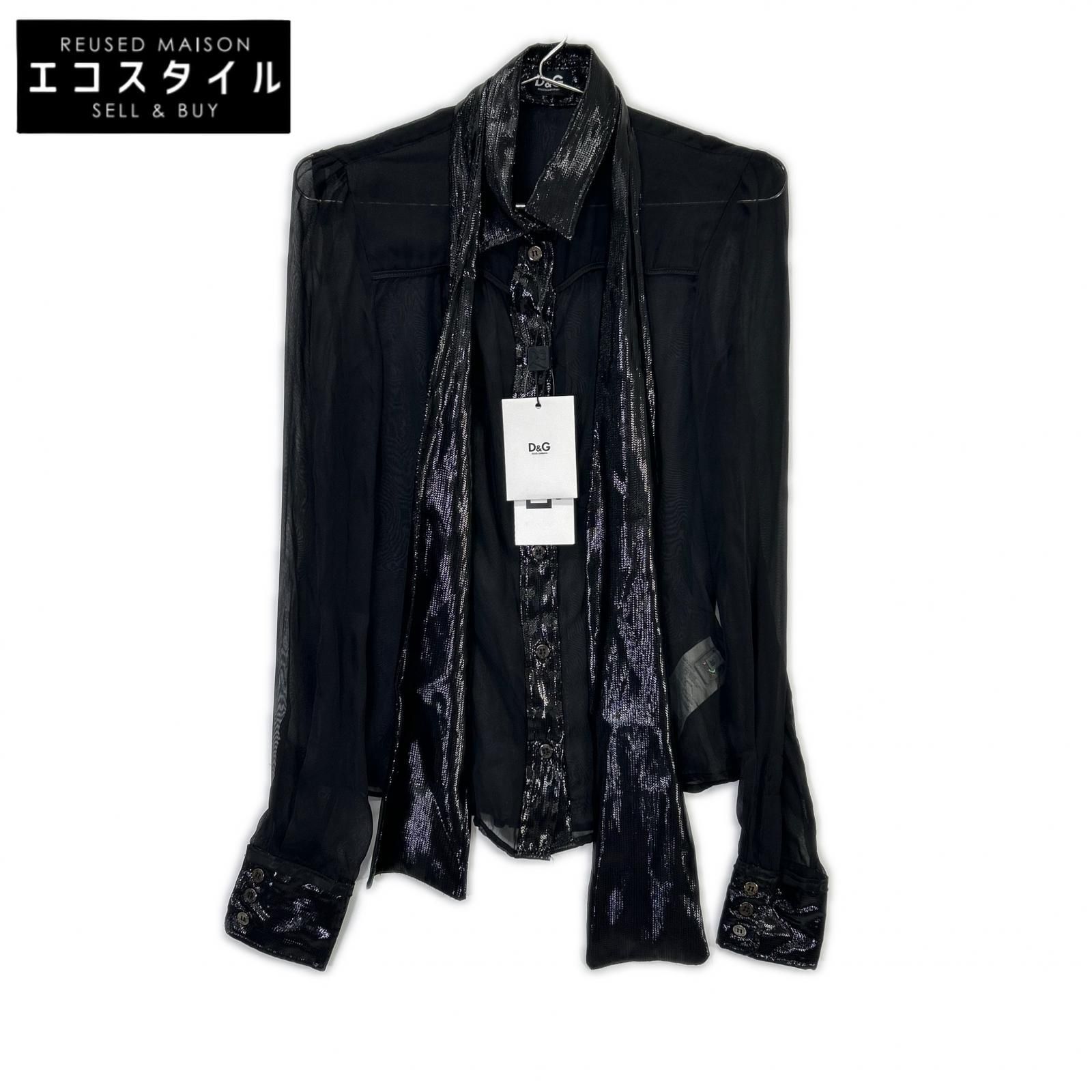 DOLCE&GABBANA　ドルチェアンドガッバーナ　ブラック SS0077 TN1AM コットン シアー ボウタイシャツ　38