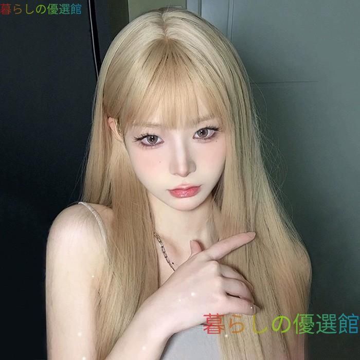 大人気 ウィッグ ゴールド レディース フルウィッグ ロング ストレート ぱっつん前髪 前髪あり 可愛い かわいい 大人用 コスプレ ロリータ ゴスロリ ゴールドjf635
