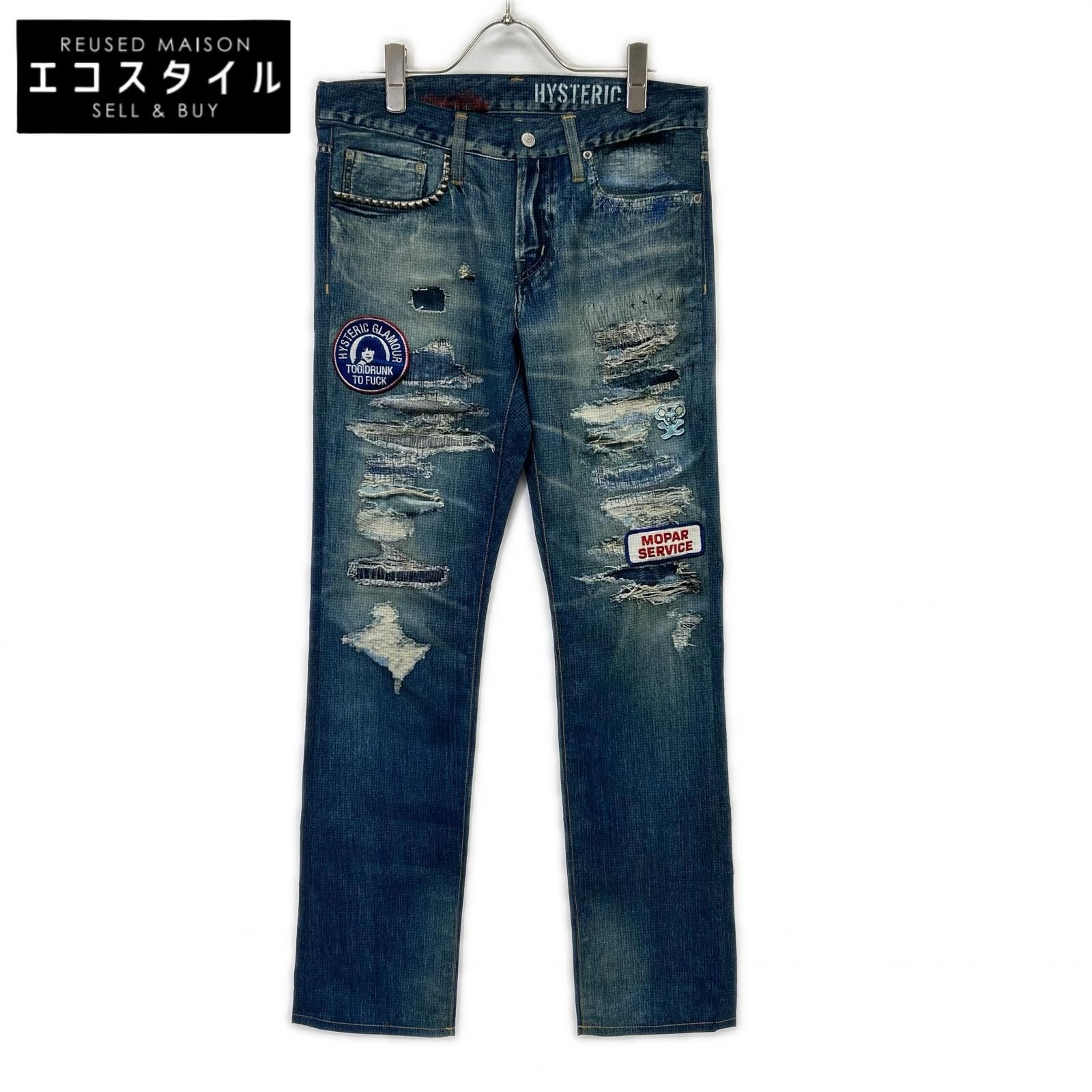 HYSTERIC GLAMOUR　ヒステリックグラマー　02191AP06 ブルー ダメージ デニム転写パンツ　S