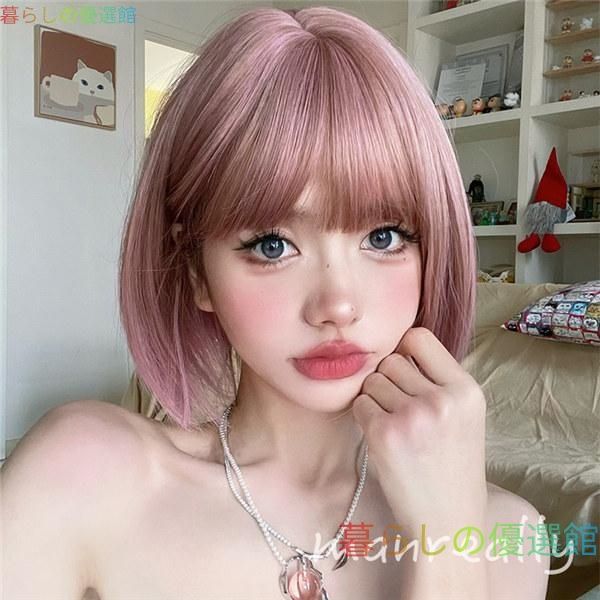 大人気 ピンクウイッグ フルウィッグ ショートボブ ピンク系 襟足すっきり 自然 通気 ウェーブ 前髪 ミディアム かつら 小顔効果 普段使いjf796
