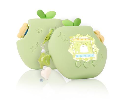 たまごっちパラダイス 対応 ケース 3Dアップル 4点セット たまごっち保護カバー シリコンケース 着せ替えフェイスプレート ダイヤルキャップ チャーム付き かわいい 衝撃吸収 傷防止 女の子 大人 子供用 (グリーン)koe efd89a92