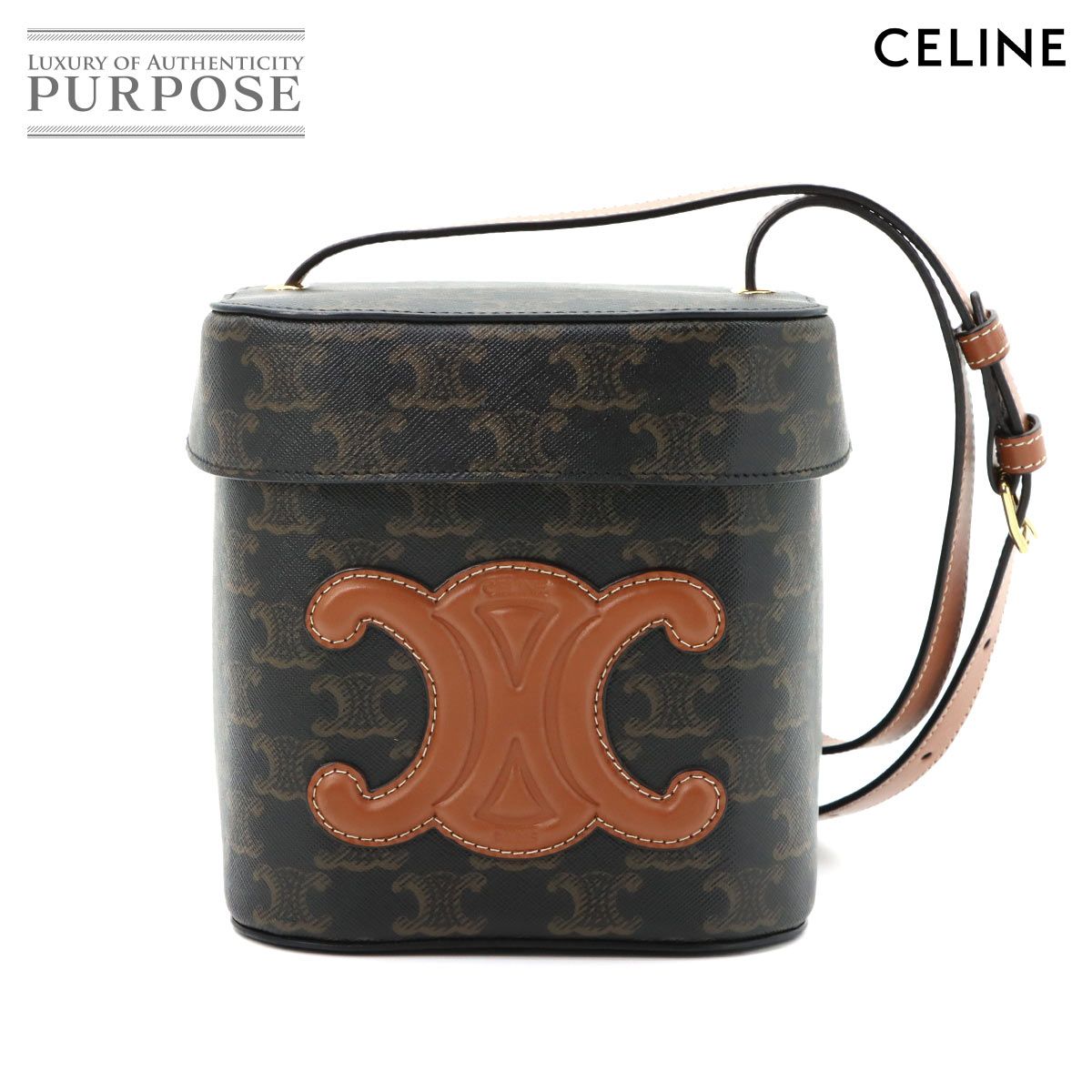 未使用 展示品 セリーヌ CELINE キュイル トリオンフ ミディアム ボックス ショルダー バッグ PVC レザー タン 199252EIN 90318877