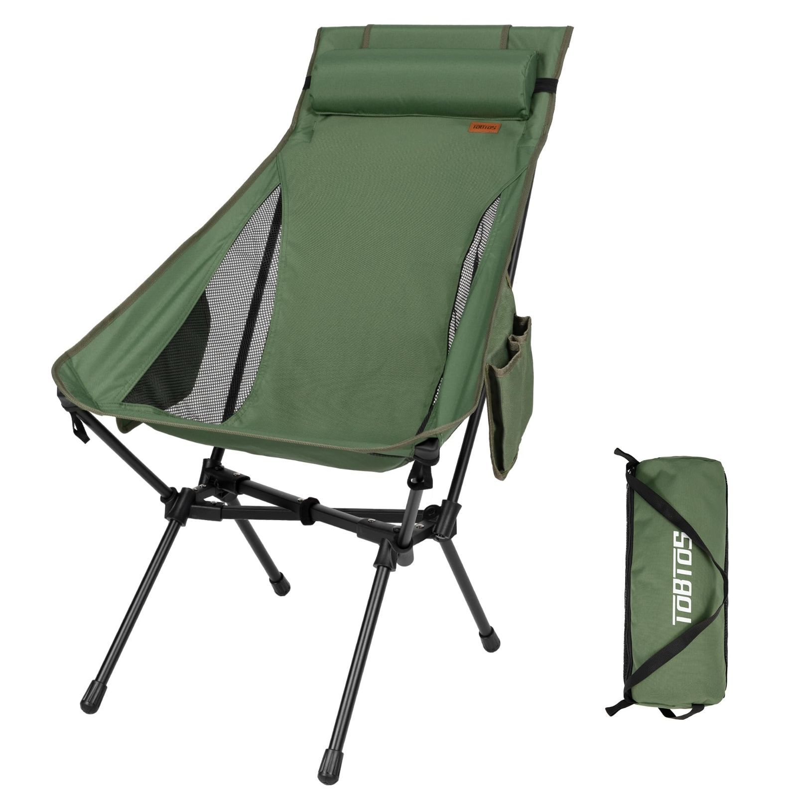 TOBTOS ポータブルハイバックキャンプチェア、耐荷重200kg、コンパクト、取り外し可能枕付き、キャンプ、ハイキング、バックパッキング用 (グリーン)