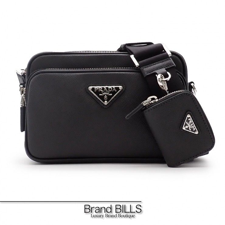 未使用品 PRADA プラダ ショルダーバッグ 2VH170 サフィアーノ レザー トライアングルロゴ ブラック シルバー金具 メンズ