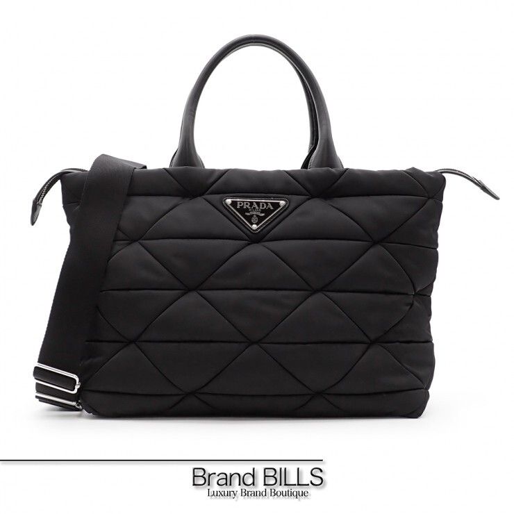 未使用品 PRADA プラダ ミディアム パデッド トートバッグ 2way 1BG436 Re-Nylon レザー キルティング ブラック シルバー金具 レディース