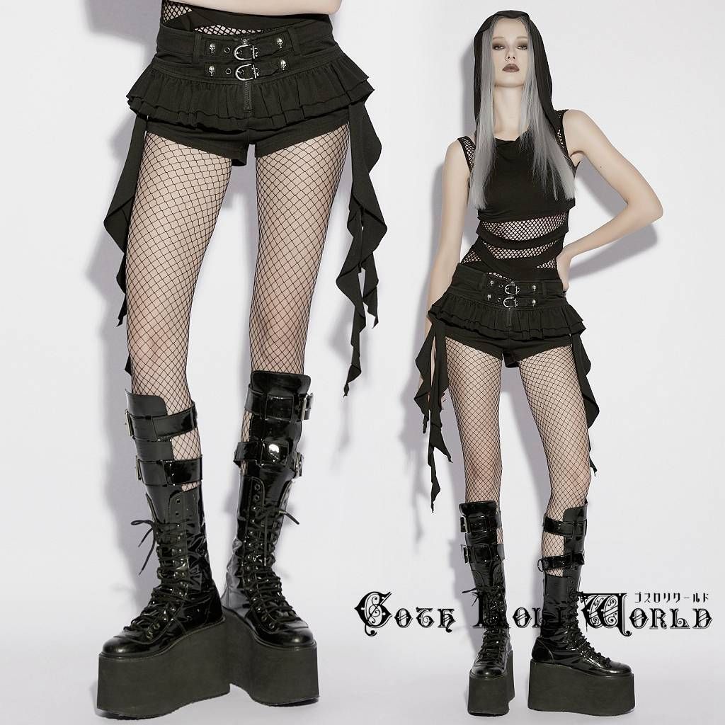 ゴスロリワールド OK-792NDF-BK パンク ロック ファッション ダブルベルト フリル ショートパンツ ヴィジュアル系 V系 地雷系 ライブ衣装 V系 地雷系 ライブ衣装