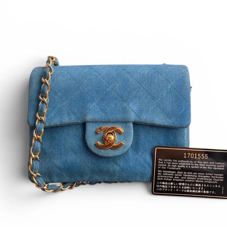 CHANEL シャネル マトラッセ ミニ デニム シングルフラップ チェーンショルダー ショルダーバッグ ブルー ゴールド金具 1番 A01115