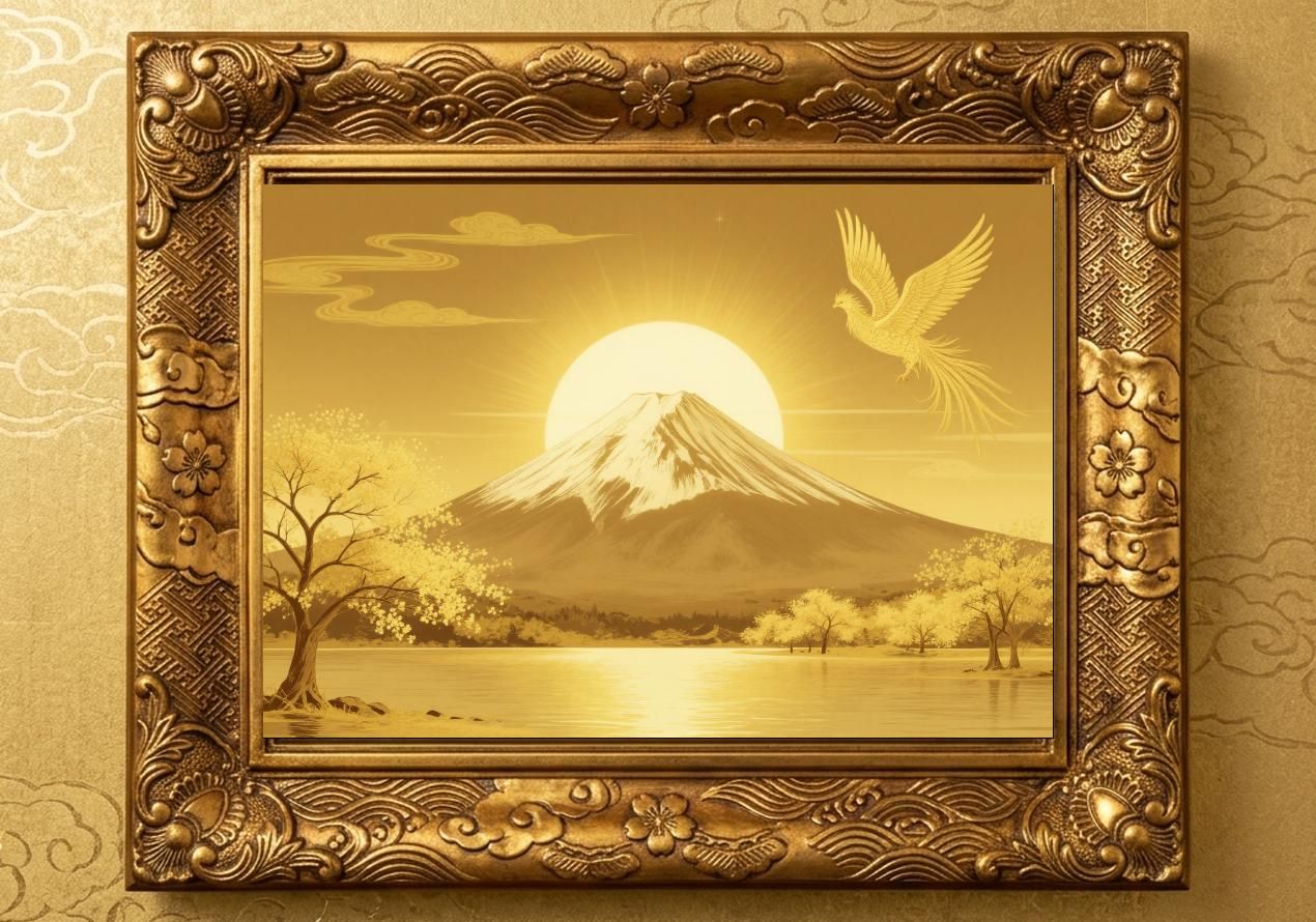 富士山絵画セール｜神界 龍雲 天照大御神 次元上昇開運アート金額縁付 開運アート 富士山鳳凰 【金運】開運 富士山 鳳凰 縁起物 絵画 額装