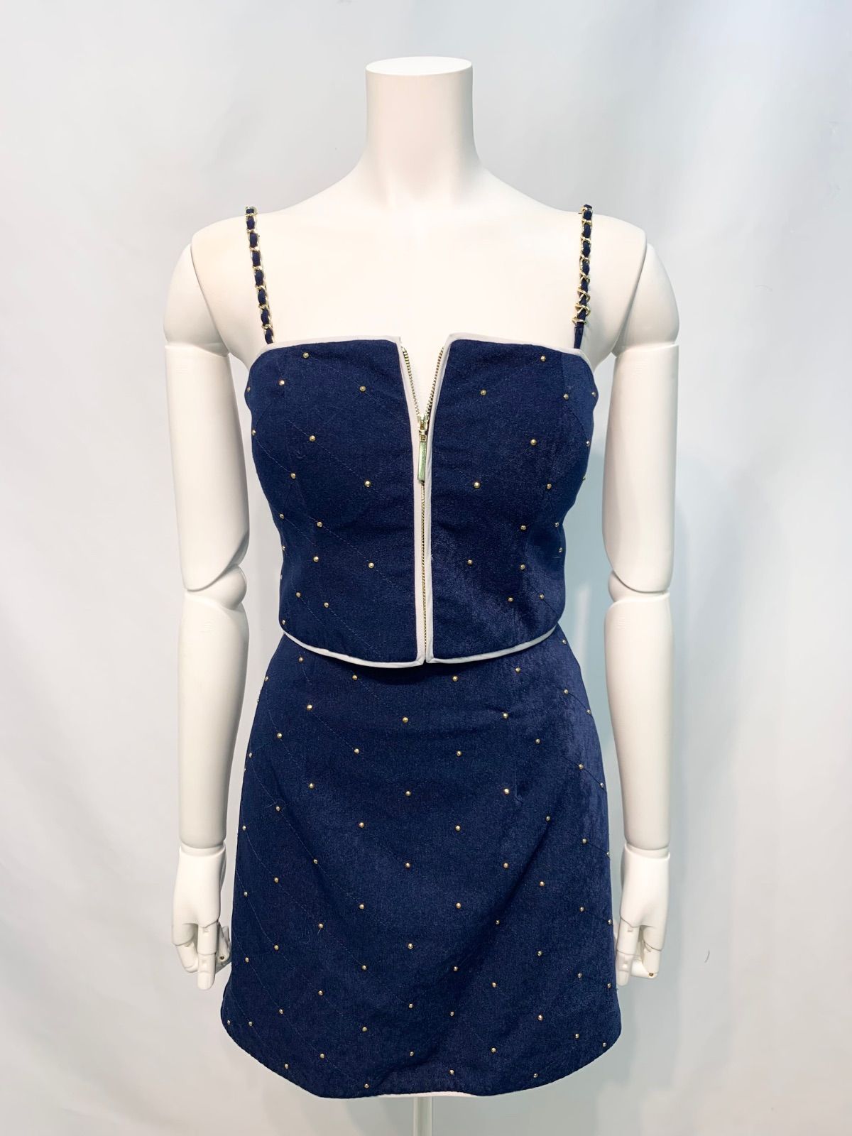 2814 ROBE de FLEURS Glossy ローブドフルール グロッシー キャバクラ ドレス セットアップ スエード調ポンチ スタッズ タイト ミニ チェーンストラップ キャバドレス M
