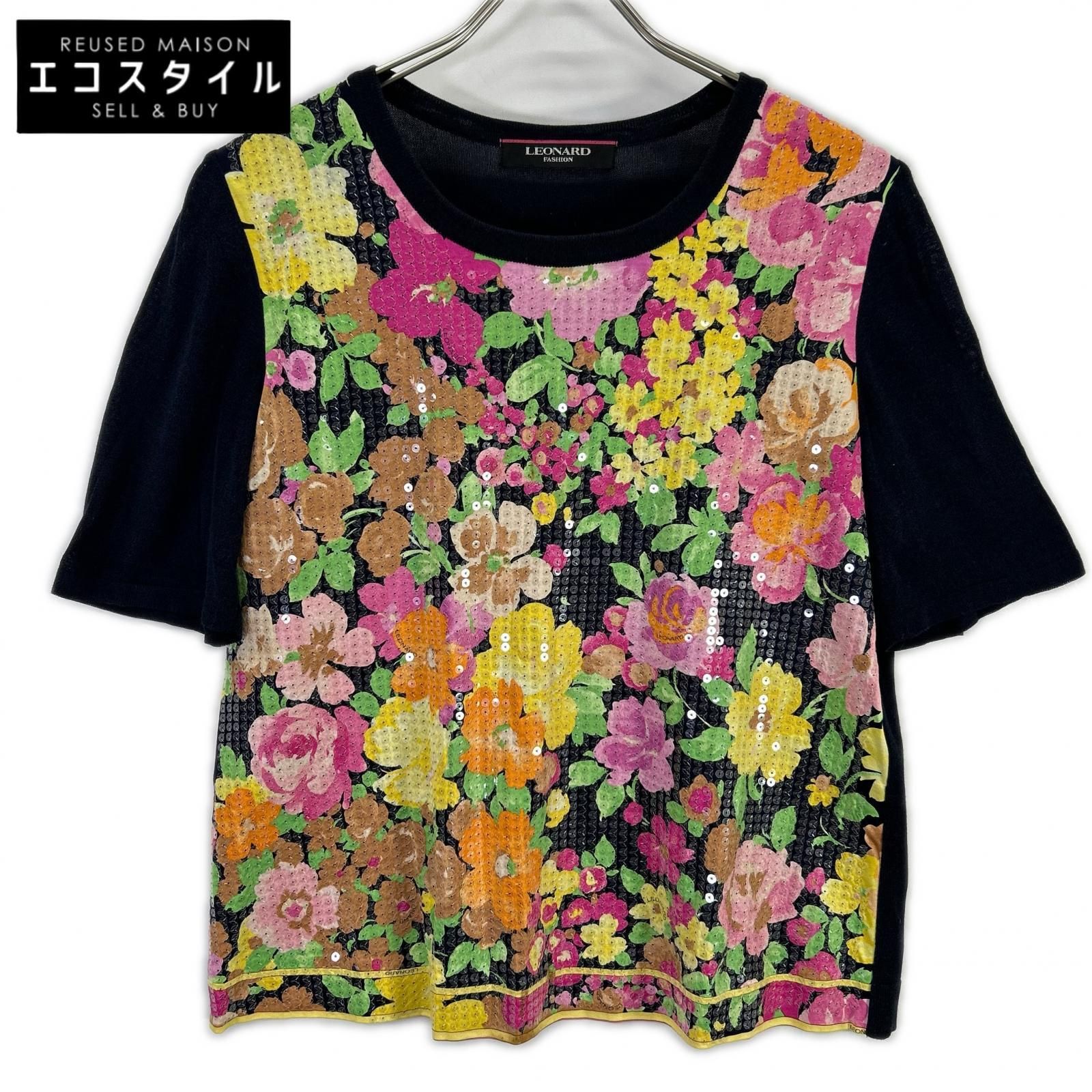 LEONARD　レオナール　ネイビー コットン 花柄 スパンコール カットソー　L