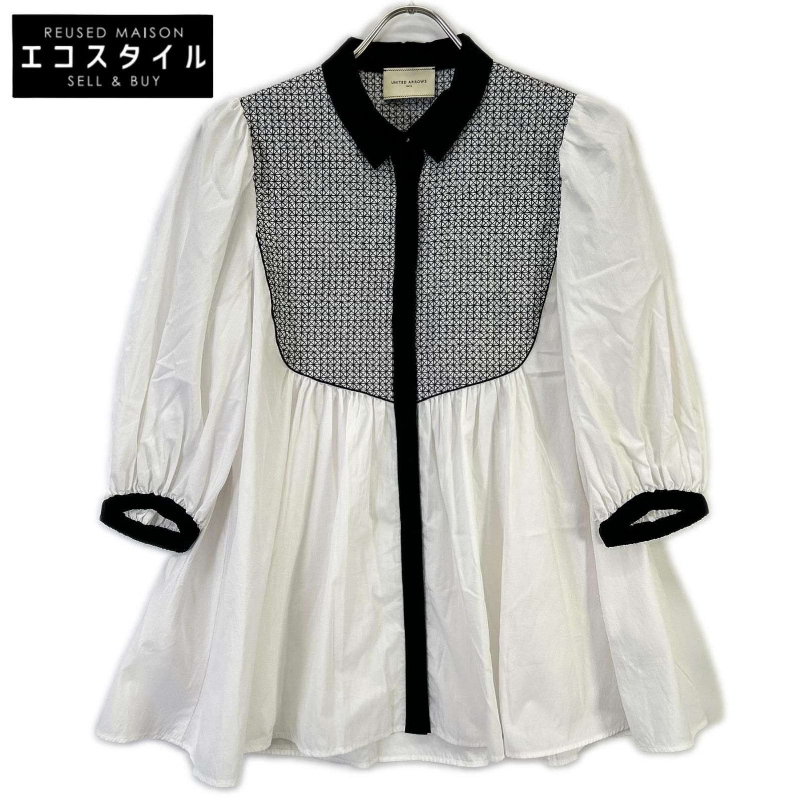 UNITED ARROWS　ユナイテッドアローズ　1516-162-1650 ホワイト×ブラック エンブロイダリー ショートスリーブ ブラウス　FREE