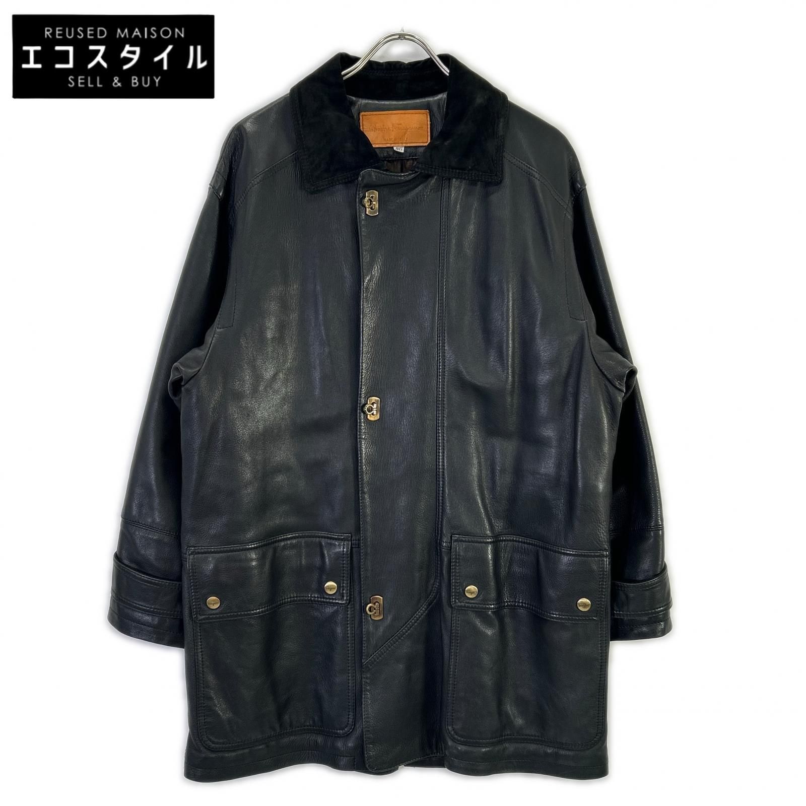 Salvatore Ferragamo　サルヴァトーレフェラガモ　ブラック レザー スウェードカラー ガンチーニボタン レザーコート　46