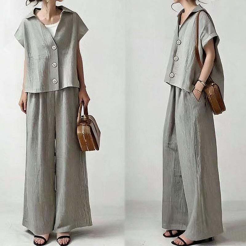 セットアップ レディース 夏服 トップス ブラウス 半袖 ボタン カーディガン ボトムズ ワイドパンツ ゴム ポケット 大人 30代40代50代 上下セット きれいめ 2#yokdv