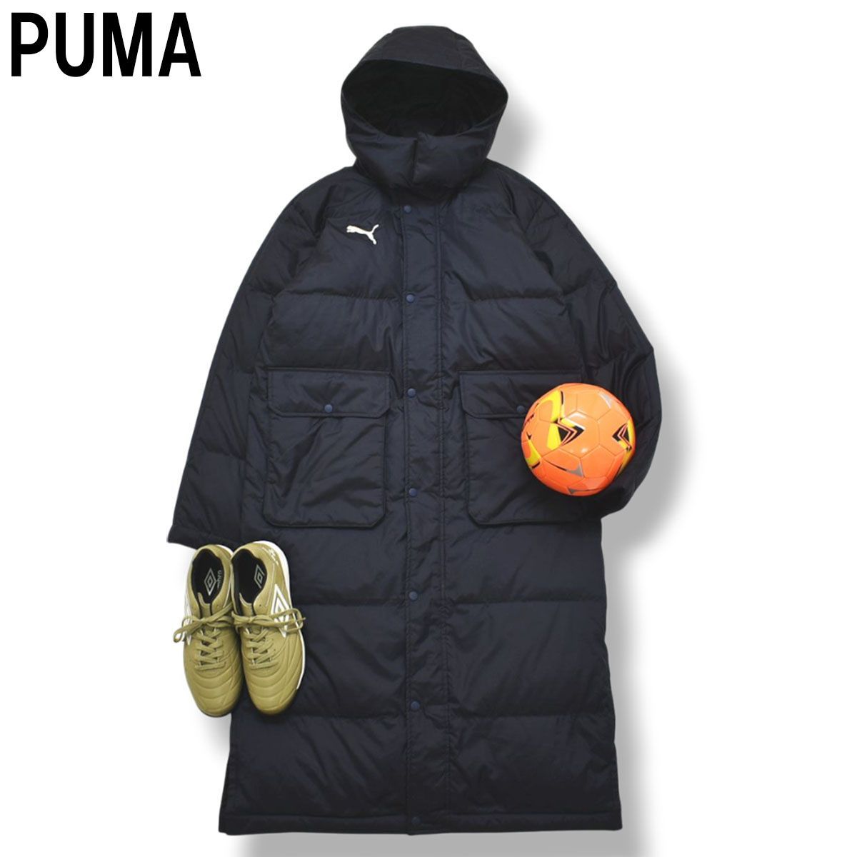 プーマ PUMA キルティング ダウン ベンチ コート パーカー ウィンドブレーカー ロング ジャンパー ロゴ 刺繍 M ネイビー スポーツ サッカー フットボール トレーニング メンズ