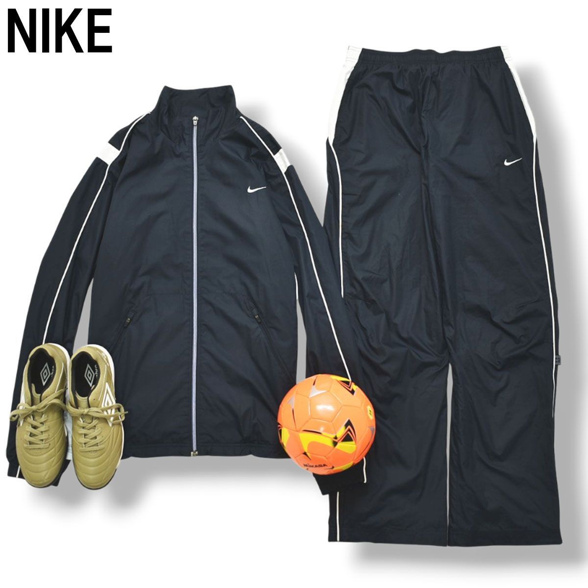 ナイキ NIKE ウィンド ウェア セットアップ 上下 ジャケット x パンツ 裏地 メッシュ スウッシュ ロゴ 刺繍 L ネイビー スポーツ ウェア タウンユース レジャー ストリート メンズ
