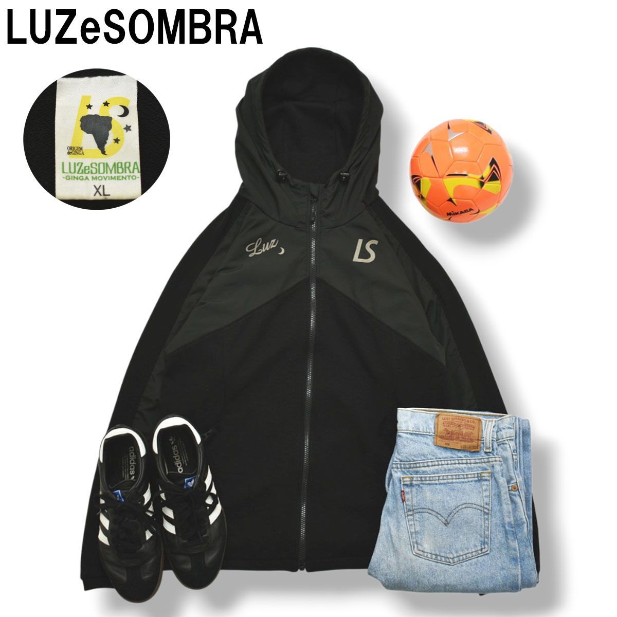 ルースイソンブラ LUZeSOMBRA リフレクター ロゴ プリント ジップ パーカー フーディー スウェット トレーナー 切替 デザイン 裏地 パイル XL ブラック サッカー フットサル メンズ