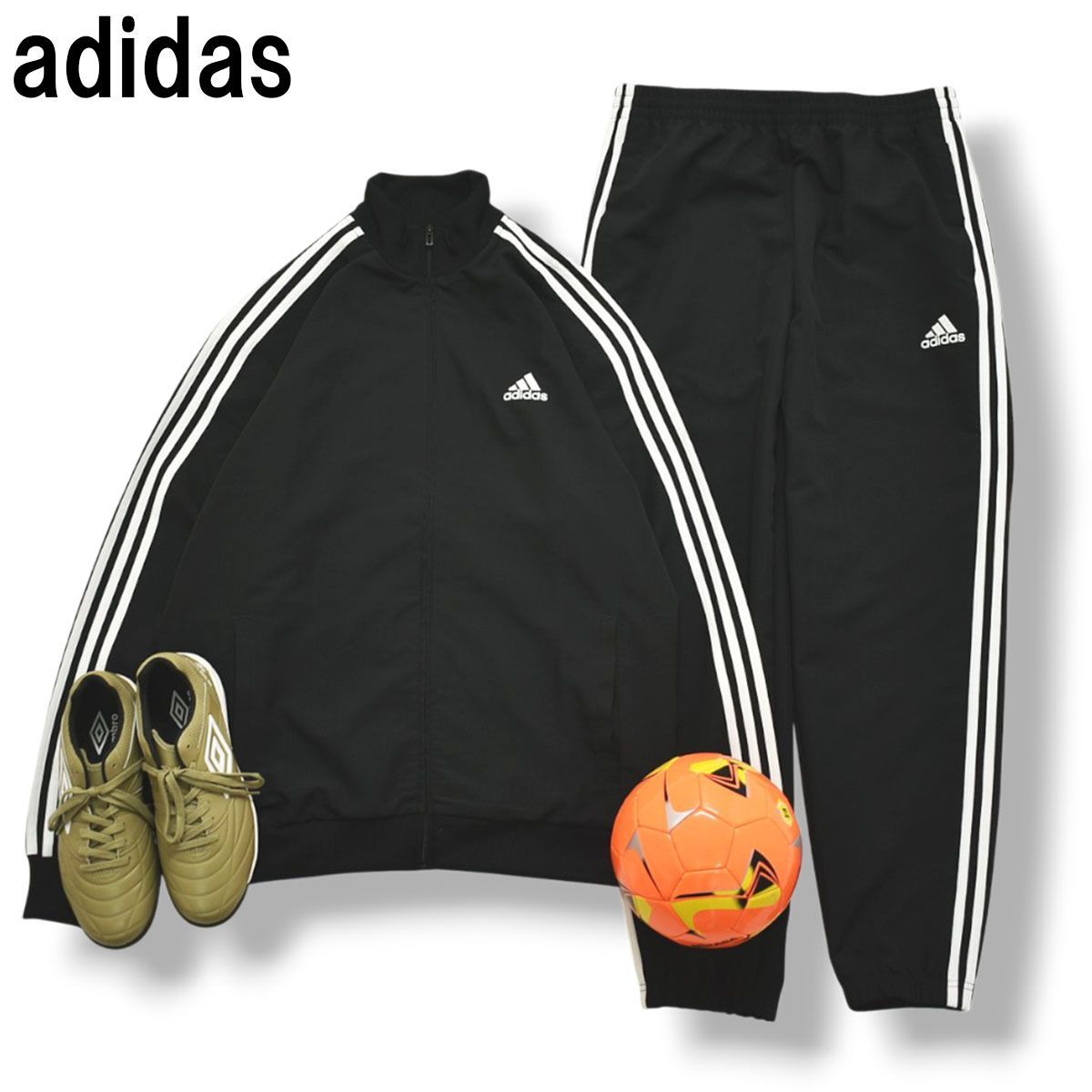 アディダス adidas パフォーマンス ロゴ スリーストライプス ウィンド トラック スーツ ジャージ セットアップ 上下 ジャケット x パンツ XL ブラック スポーツ ストリート メンズ