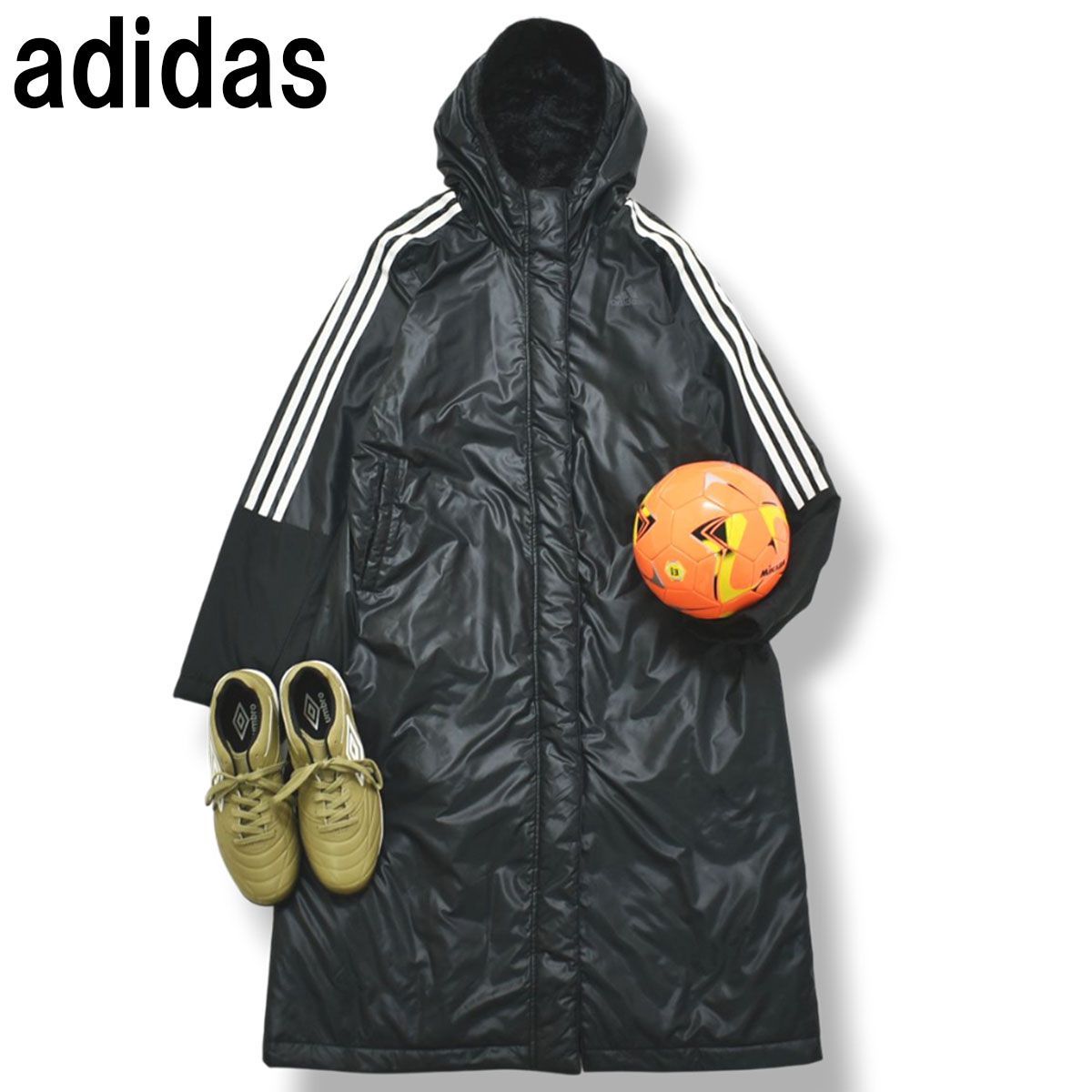 【美品】 アディダス adidas パフォーマンス ロゴ スリーストライプス ベンチ コート ウィンドブレーカー ジャンパー パーカー 中綿 シャギー フリース OT ブラック レディース ♪