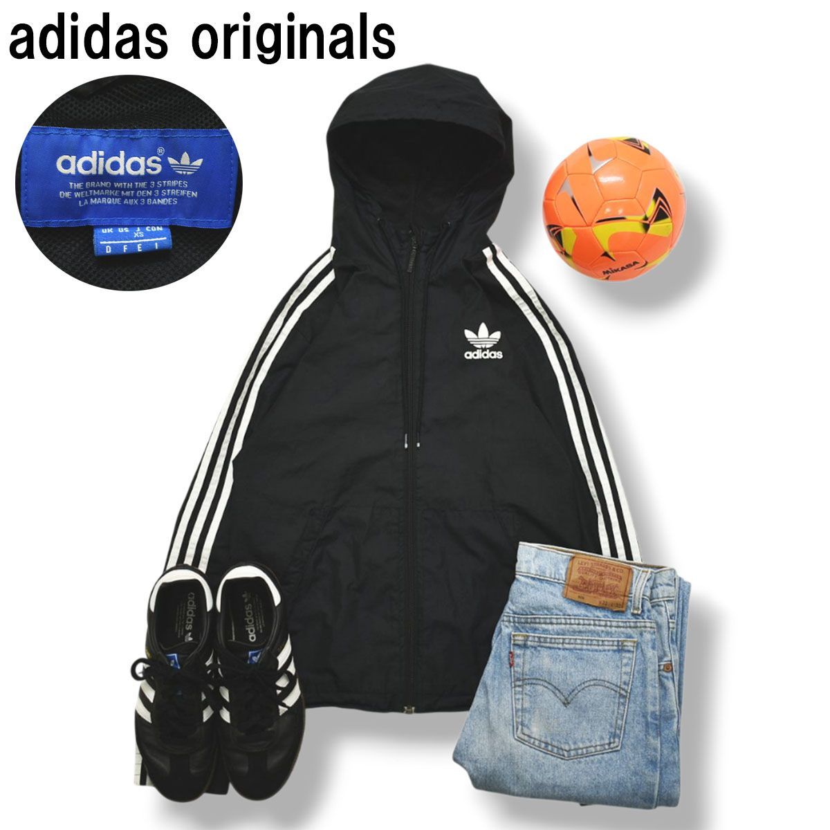 アディダス オリジナルス adidas originals ウィンド ジャケット ジップ パーカー ジャンパー メッシュ トレフォイル ロゴ スリーストライプス XS ブラック ストリート メンズ