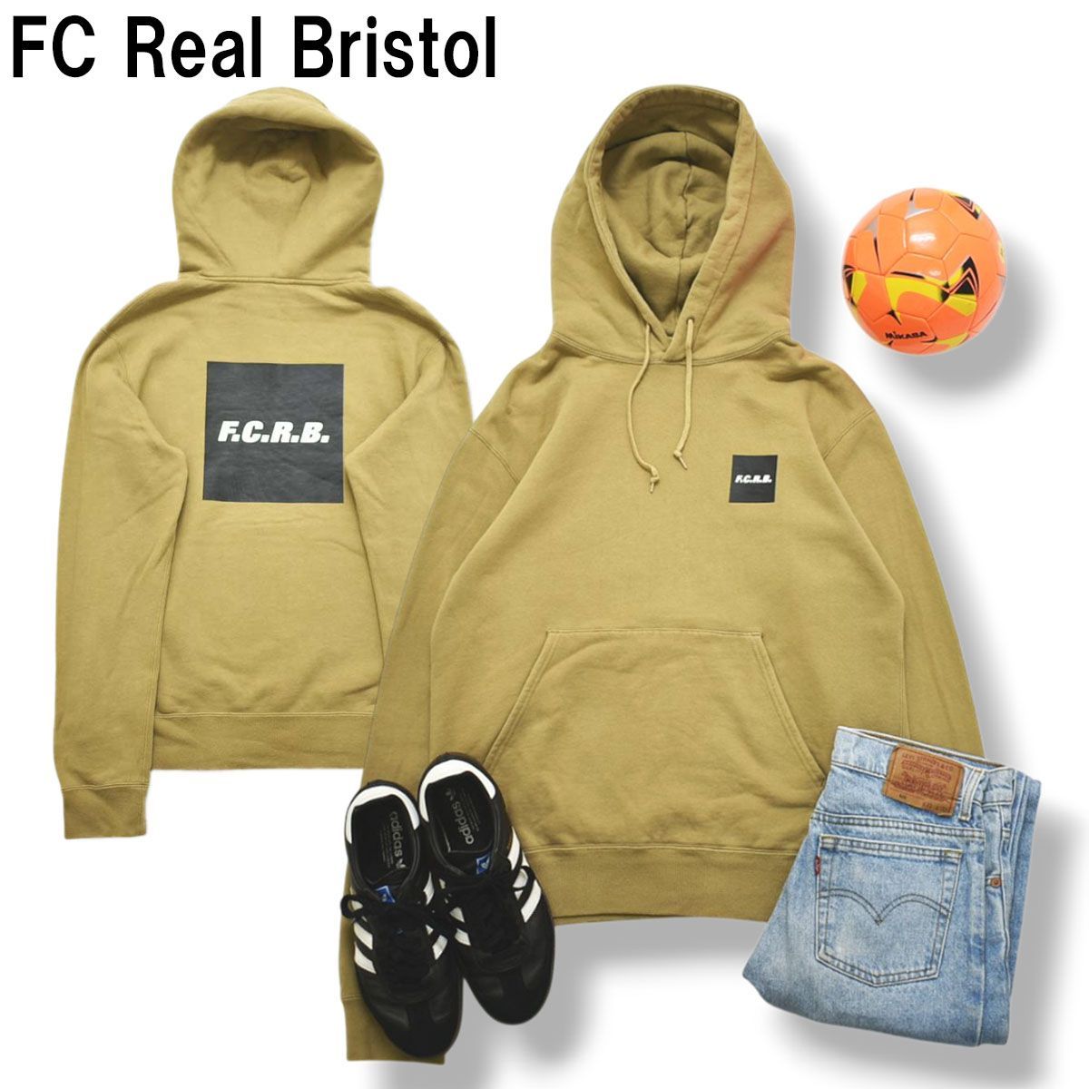 エフシーレアルブリストル FC Real Bristol FCRB ロゴ プリント パーカー フーディー スウェット トレーナー 裏起毛 S ベージュ スポーツ ストリート カジュアル メンズ