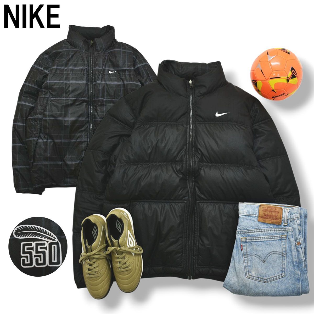 ナイキ NIKE 550FP フィルパワー リバーシブル キルティング ダウン ジャケット ブルゾン ジャンパー XL ブラック x チェック柄 スポーツ ストリート タウンユース レジャー メンズ