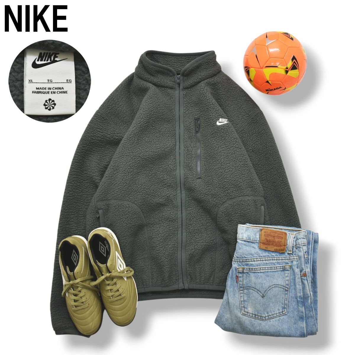 【美品】 ナイキ NIKE シーズナル ウィンター ジャケット ハイパイル フリース ジャンパー ジップアップ スウッシュ ロゴ XL グレー ストリート スポーツ カジュアル ウェア メンズ