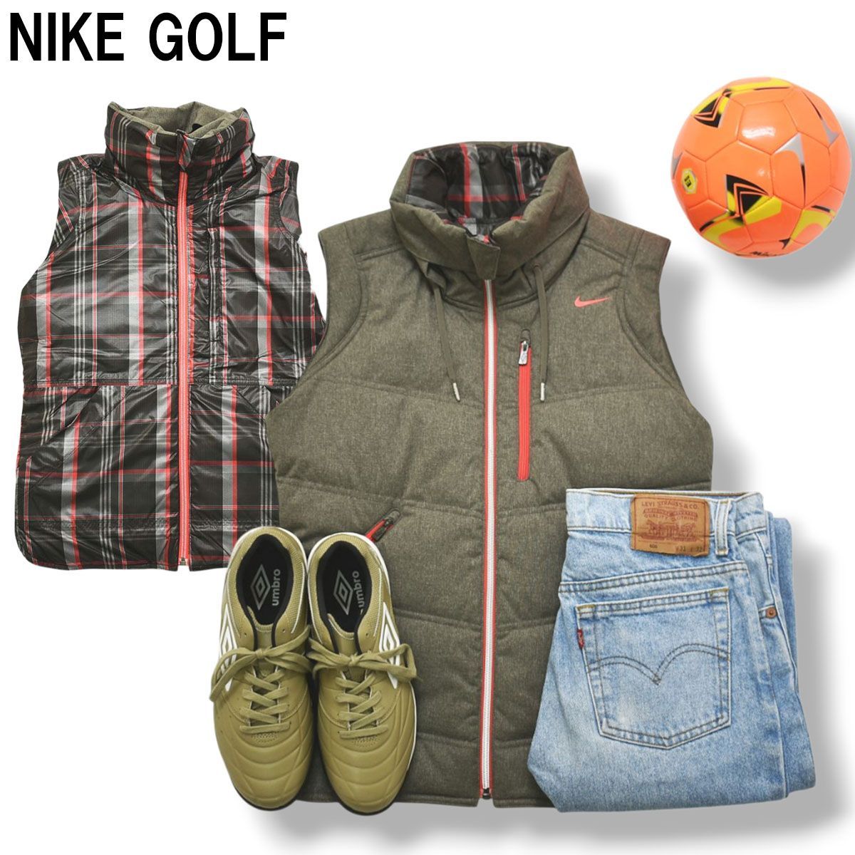 【美品】 ナイキ ゴルフ NIKE GOLF リバーシブル ウィンド べスト キルティング ジャンパー パーカー スウッシュ ロゴ プリント 中綿 M ブラウン x チェック柄 レディース ♪