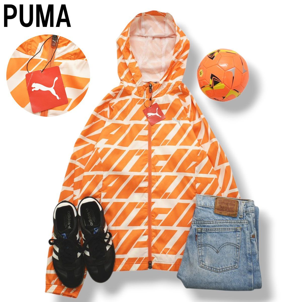【新品未使用】 【タグ付き】 プーマ PUMA ウィンド ジャケット ジップ パーカー ラグランスリーブ 裏地 メッシュ M 総柄 オレンジ スポーツ ストリート カジュアル ウェア メンズ