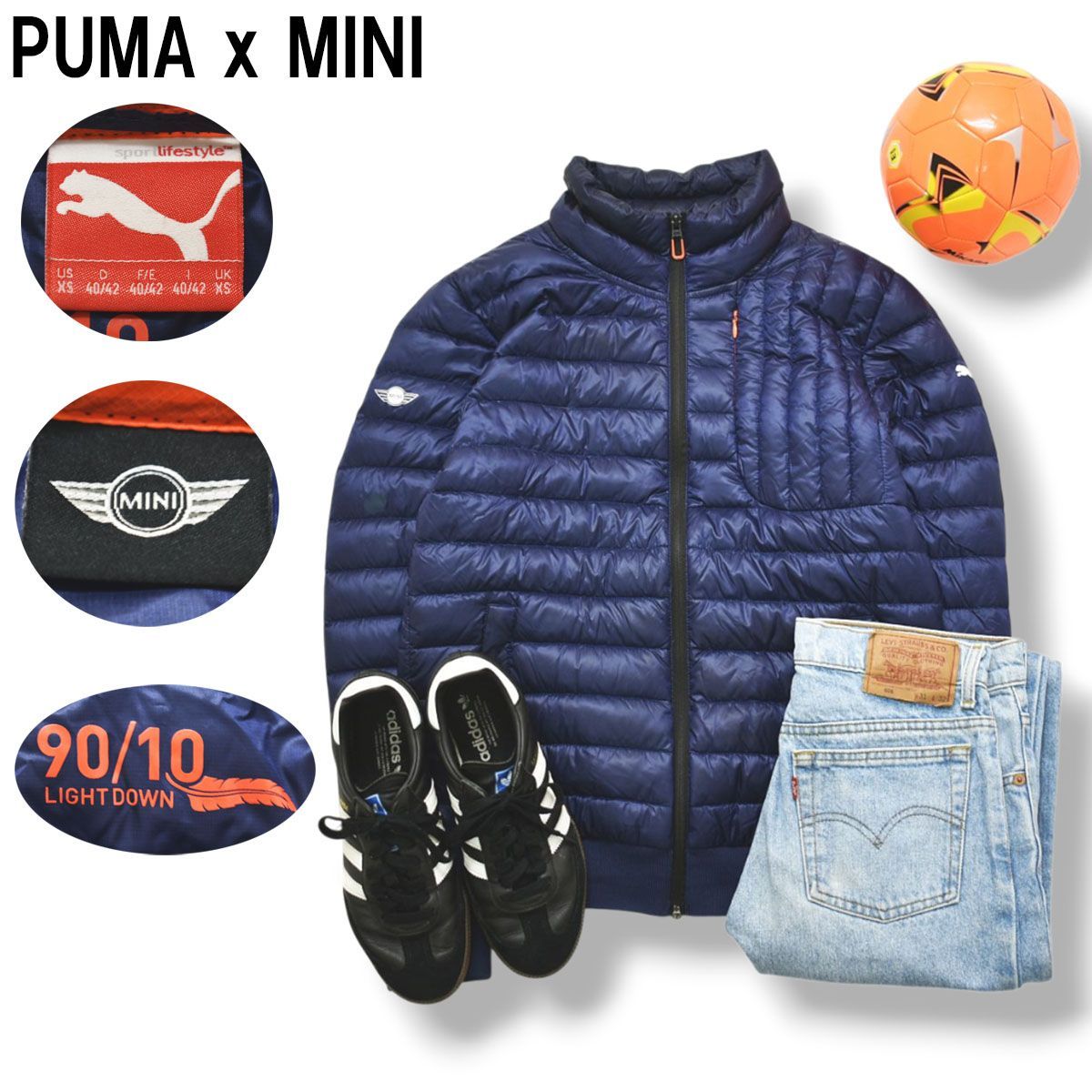 プーマ PUMA x ミニ MINI キルティング ライト ダウン ジャケット 90／10 ダブルネーム ロゴ ジャンパー ウィンドブレーカー XS ネイビー モーター スポーツ カジュアル メンズ