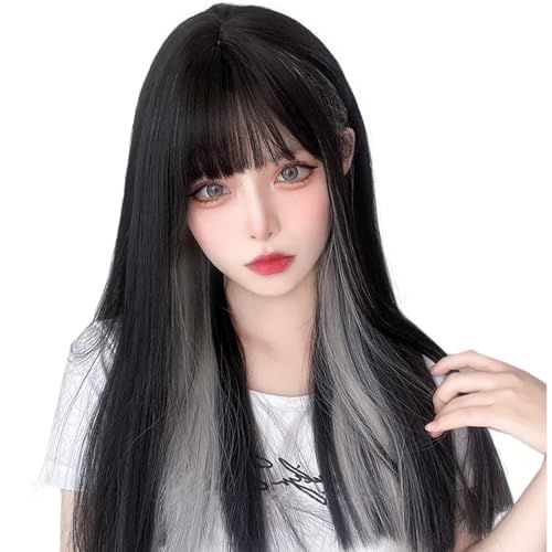 FESHFEN ウィッグ ロング ストレート インナーカラー フルウィッグ 女装 かつら レディーズ カツラ wig 女装ウィッグ ロングウィッグ ツートン ハロウィン コスプレ ぱっつん前髪 原宿系 自然 小顔 耐熱 ネット/櫛付き ブラッ ad542cab