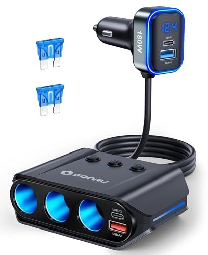 2026進化モデル SONRU 7 in 1 シガレットライタースプリッター、180W [デュアルPD & QC 3.0] カーチャージャーアダプター、12V/24V カーUSBアダプター マルチソケット 電圧計付き 急速充電 iPhone 87eaa45d