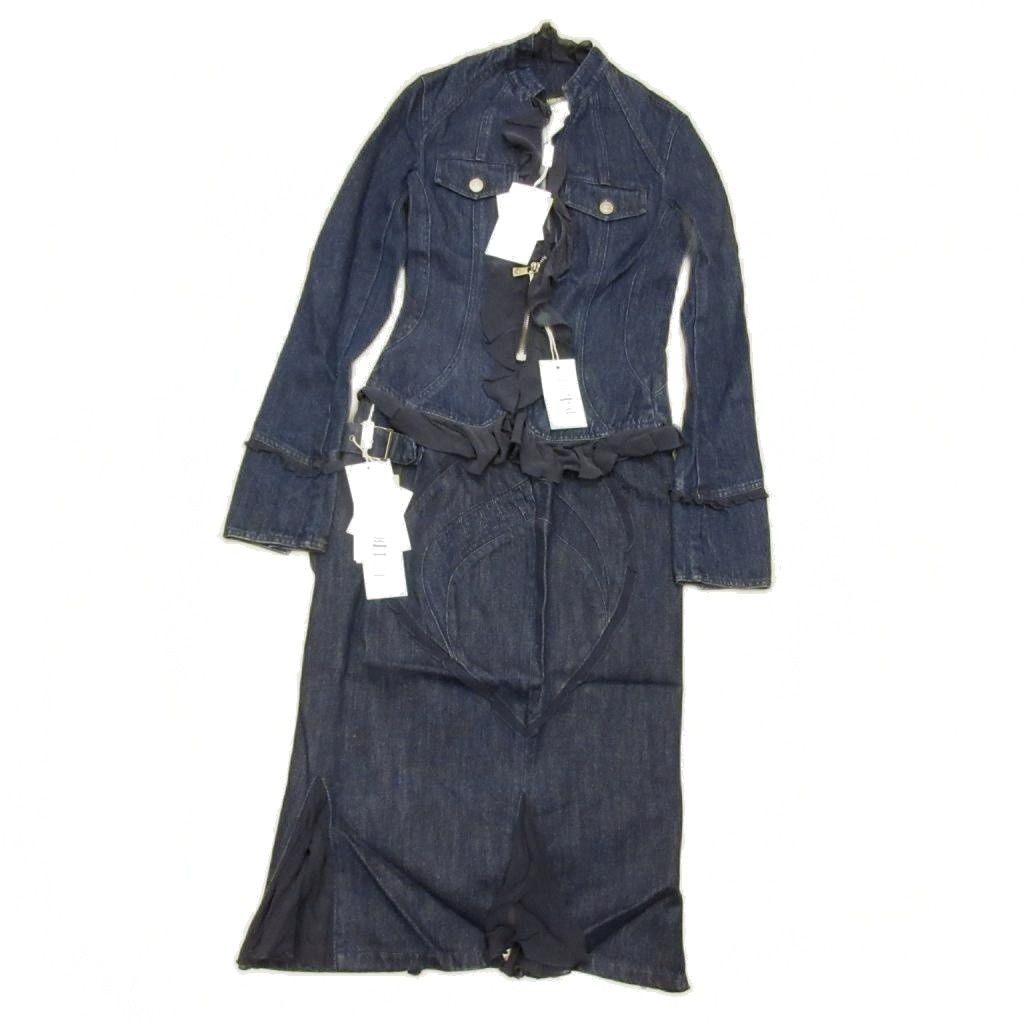 ヴェルサーチジーンズ VERSACE JEANS COUTURE タグ付き デニム セットアップ シルク切替 インディゴブルー メドゥーサボタン 上38 下40 約M-L