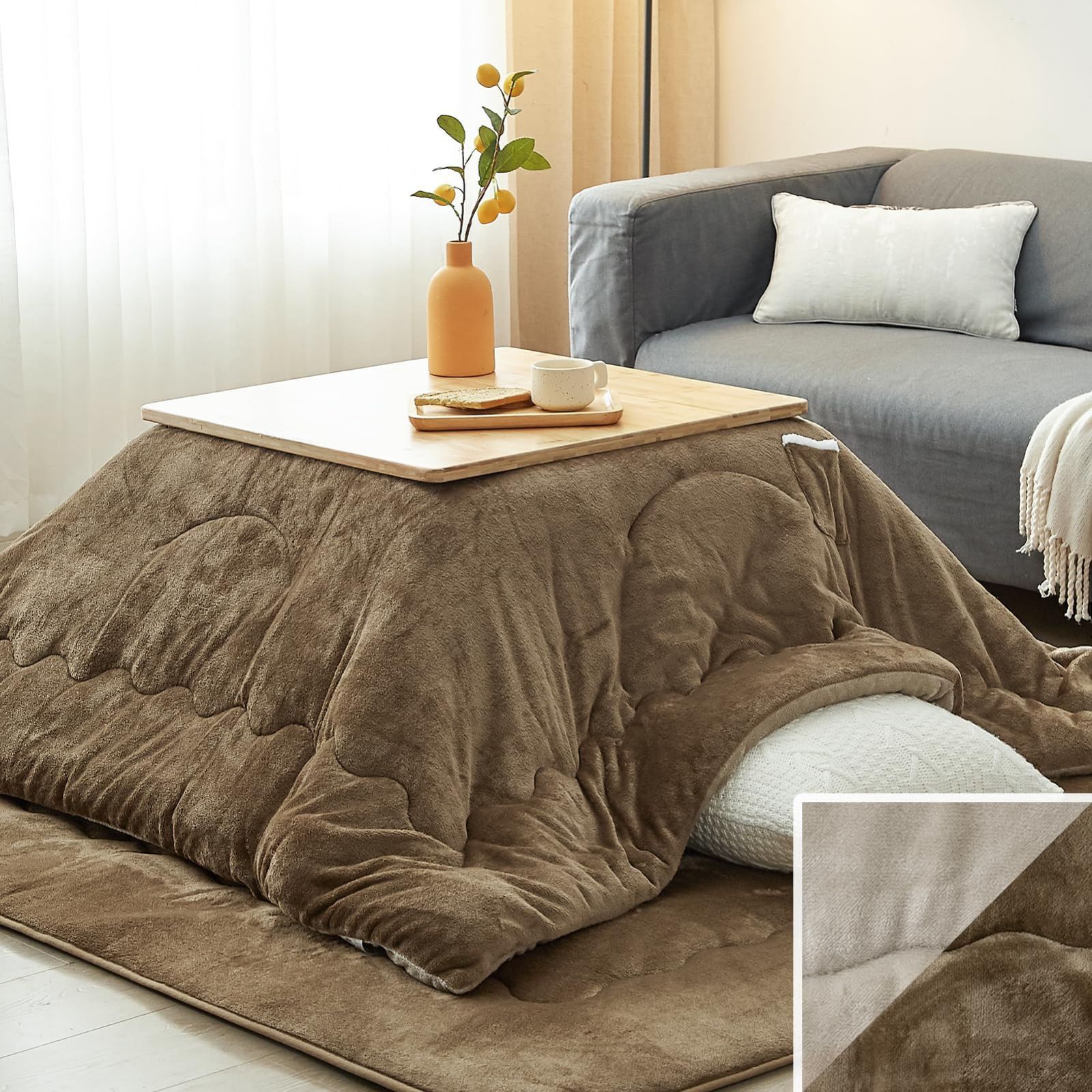 【人気商品】VK Living こたつ布団 正方形 単品205×205cm 中綿1.8kg 【SUPER HOT】 発熱綿使用+LockHeat速暖発熱繊維 撥水加工 ポケット付き フィットキルト こたつ掛け布団 リバーシブル 両面使える フランネル 24時間