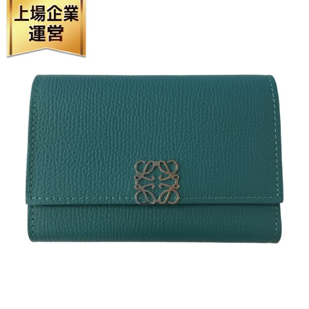 LOEWE ロエベ アナグラム トライフォールド ウォレット グリーン シルバー金具 レディース 中古 良好 T11121480