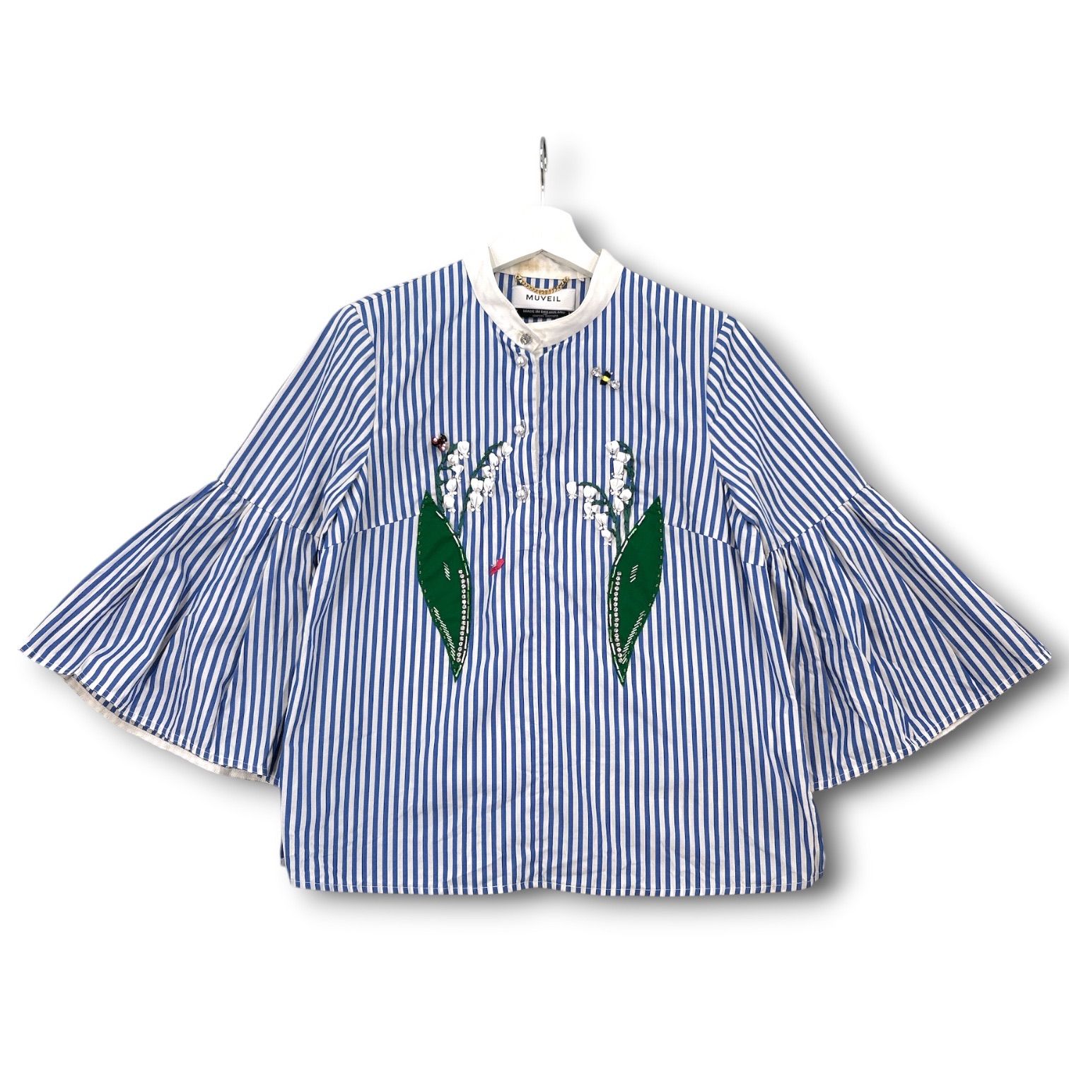 MUVEIL ミュベール フラワー刺繍ブラウス スタンドカラー 袖フリル 