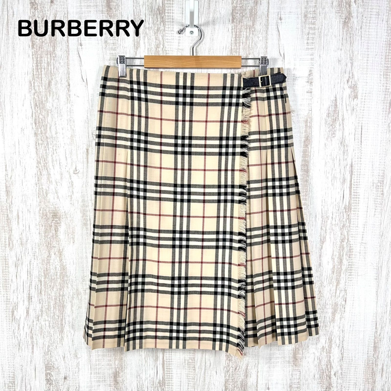 BURBERRY LONDON バーバリーロンドン ノバチェック ベルト フリンジ ウール100% プリーツ ラップスカート ベージュ レディース 大きいサイズ