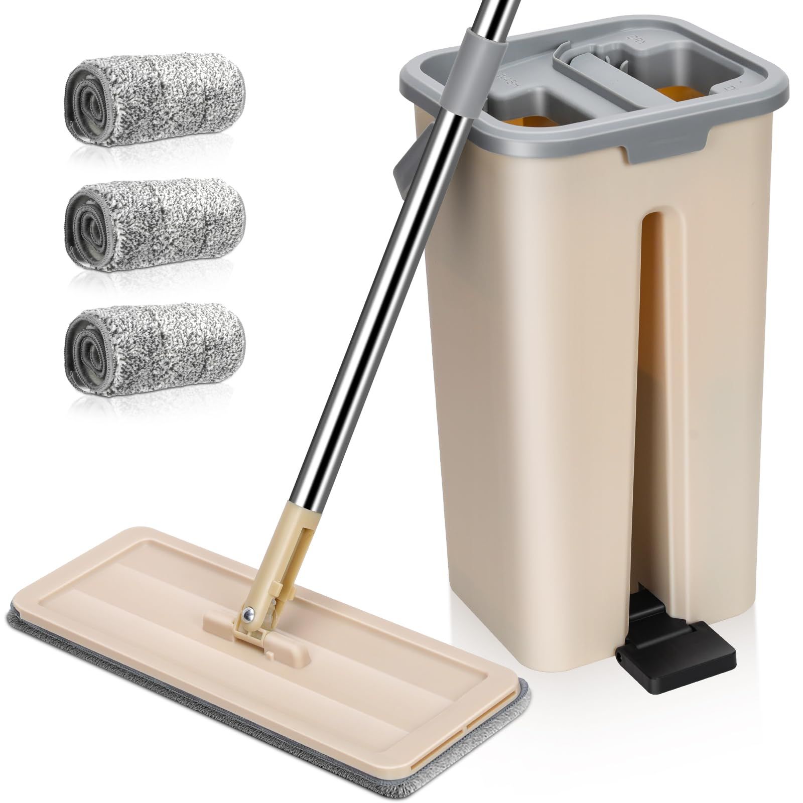 Masthome モップ バケツ 絞り器セット フロアモップ 乾湿両用 水拭きモップ フローリングワイパー 床掃除 軽量 360°回転 手洗い不要 ３枚マイクロファイバーパッド付き ベージュ★ e755a1c5