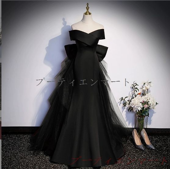 人気商品 ウエディングドレス マーメイド オフショルダー ブラック 結婚式 前撮り 半袖 ドレス ボリューム 二次会 お洒落 上品 大人vs520