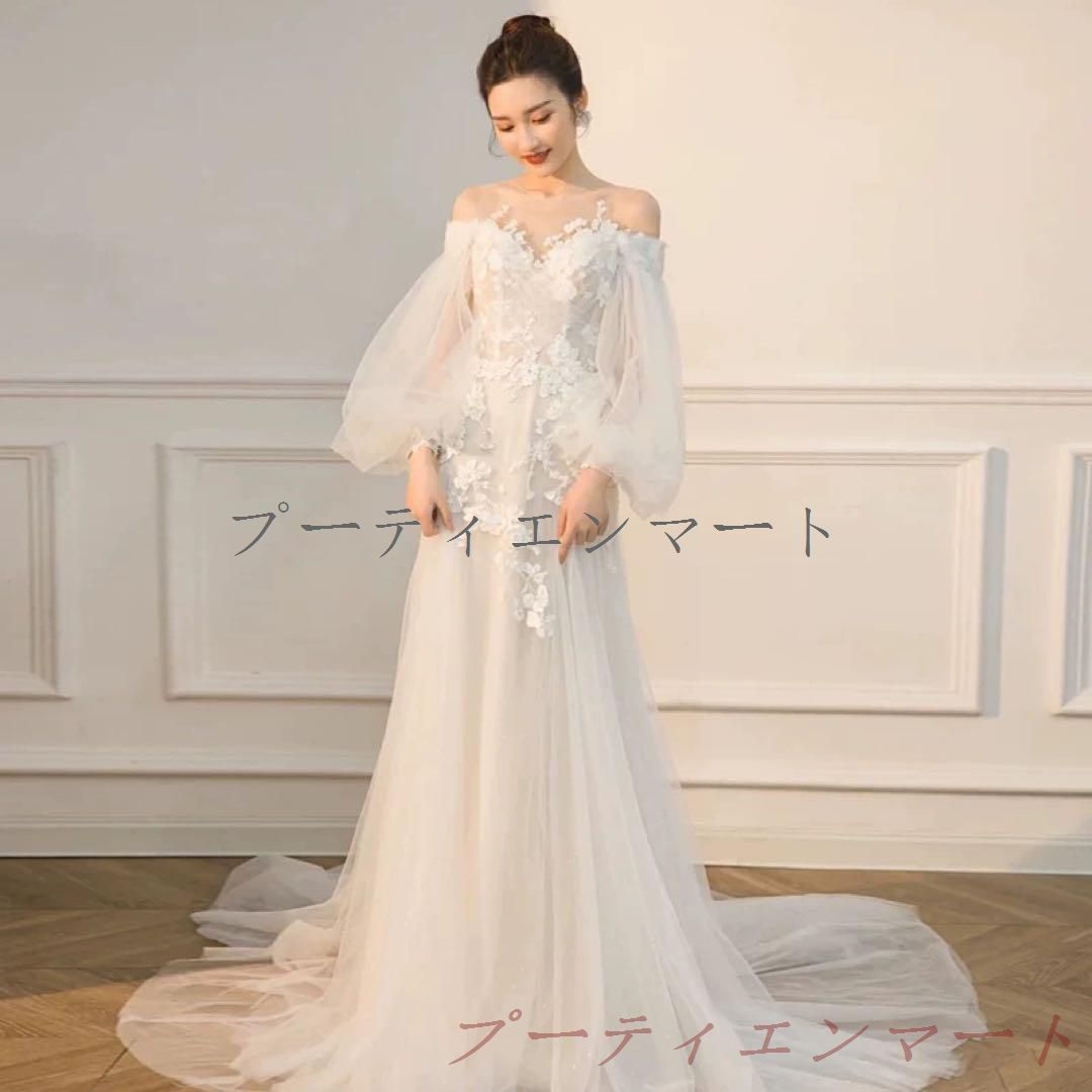 人気商品 ウェディングドレス　ガーデンウェディング　前撮り　ボリュームスリーブ刺繍vs520