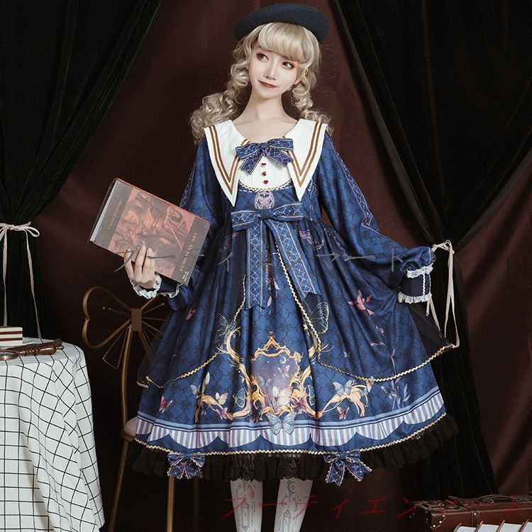 人気商品 新品未使用 オリジナルロリータ 蝶恋紛飛OP ロングスリーブ デイリー エレガント プラスサイズ ワンピース ネイビー/ホワイト/ブラック S-2XL ゴシックロリータ イベント プレゼントvs520