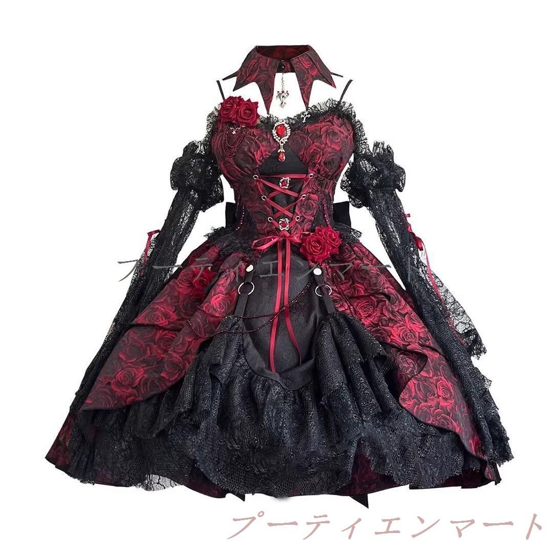 人気商品 ゴスロリドレス ロリィタ ゴシック風 小悪魔 地雷系 姫袖 レースドレス薔薇付きvs520