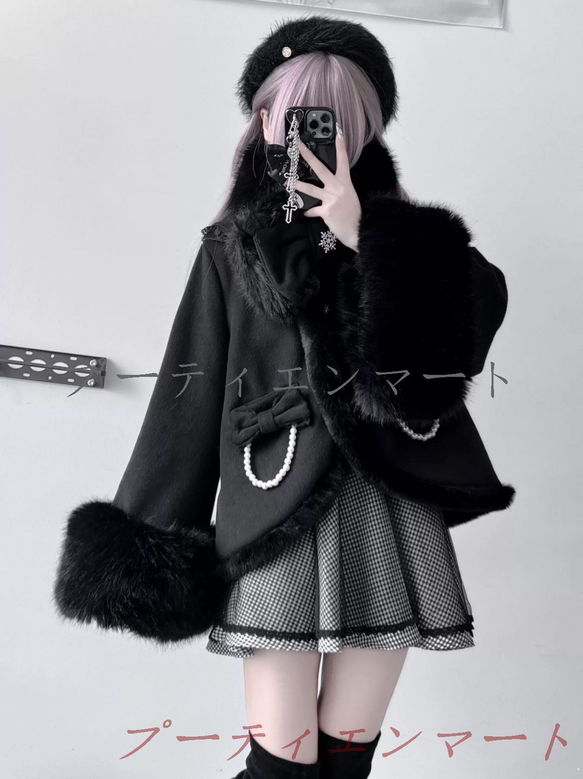 人気商品 黒雪の結晶リボンふわふわファーコートリボンポンチョカーディガンサブカル服ロリィタ長袖地雷系量産型ゴスロリ渋谷原宿病みかわいい夢かわいい推し活トップス長袖秋冬シンプルロリータ姫系ガーリーかわいいvs520